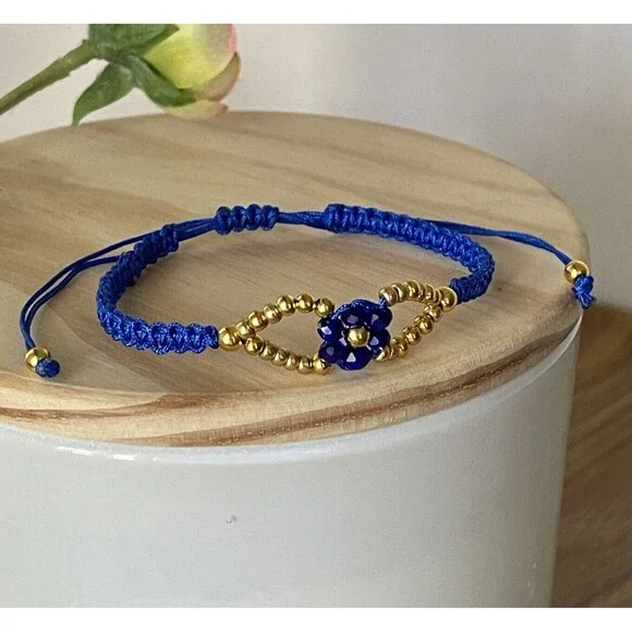 Handmade Blue Macrame Bracelet Gold Beads Flower Adjustable Boho Jewelry Gift - Picture 8 of 12